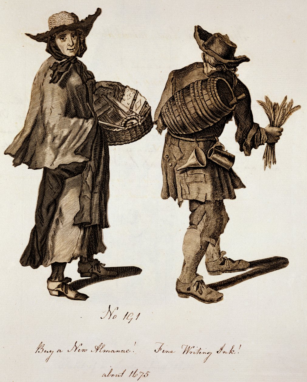 Compre um novo Almanaque! Tinta de escrita fina !, ilustração de vendedores de rua em torno de 1675 de English School