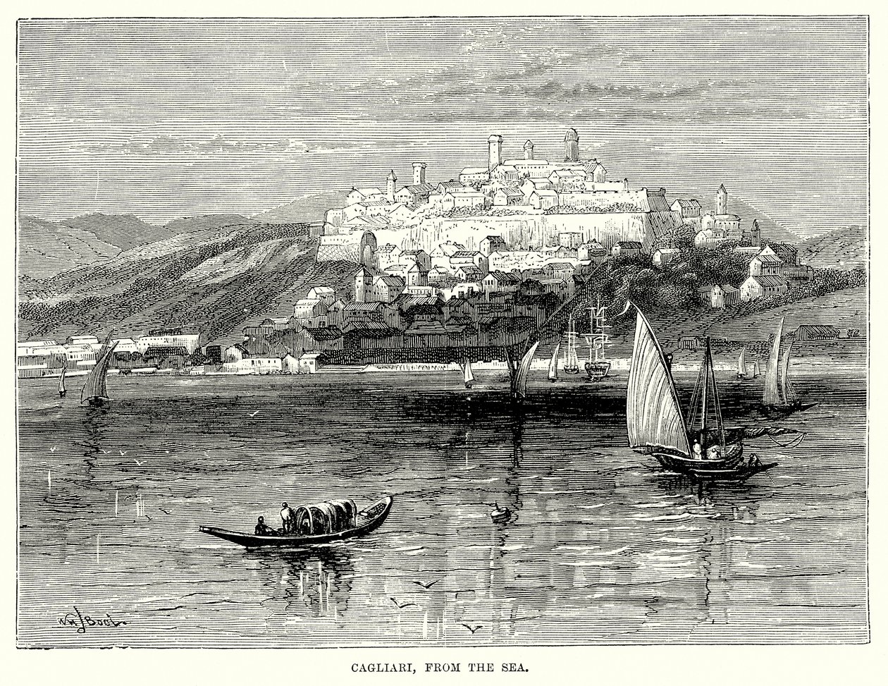 Cagliari, vista do mar (gravura) de English School