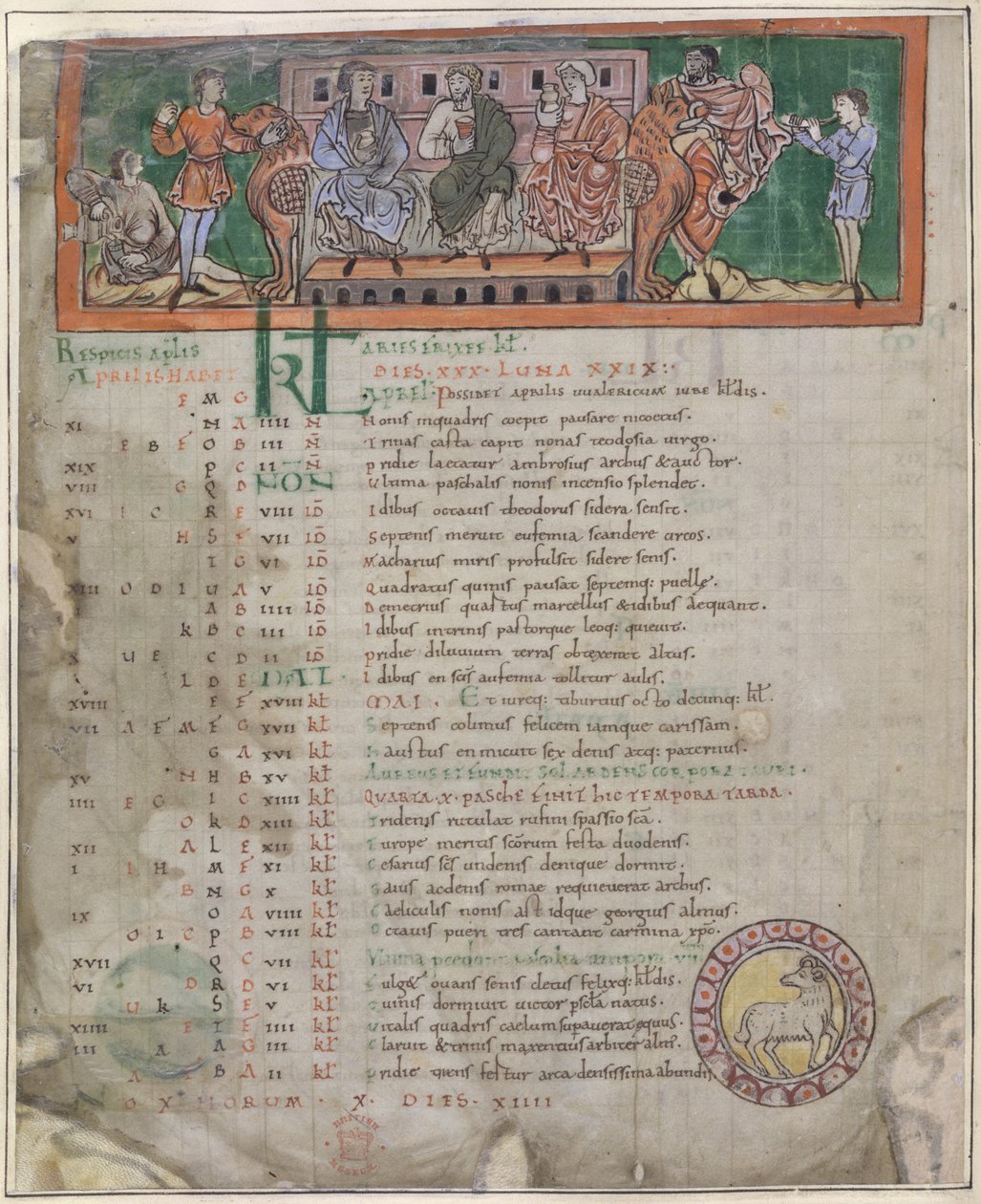 Página do Calendário para Abril: Festa, ilustração de um "Calendário Anglo-Saxão" (vellum) de English School