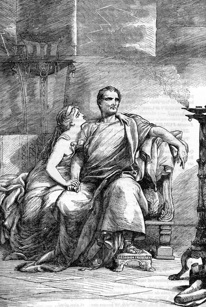 Calpurnia (Calpurnia Pisonis) e César - Jules Cesar - A Tragédia de Júlio César - Ilustração em "Completes de William Shakespeare" 1866 - As ilustrações e a forma geral desta edição são emprestadas do Shakespeare ilustrado de Cassell, pub de English School