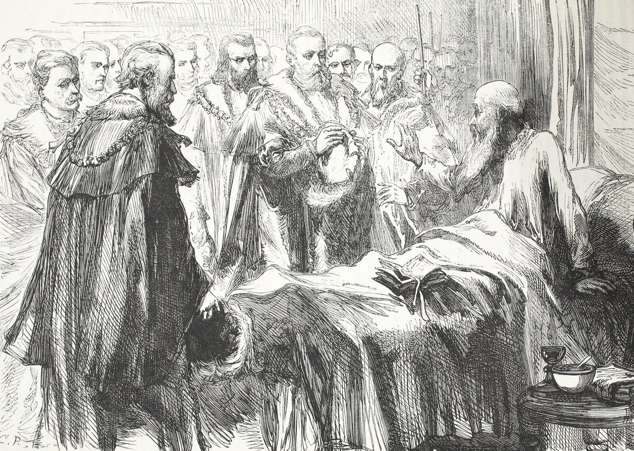 Calvin dirigindo-se ao Conselho pela última vez, ilustração de The History of Protestantism por James Aitken Wylie (1808-1890), pub. 1878 de English School