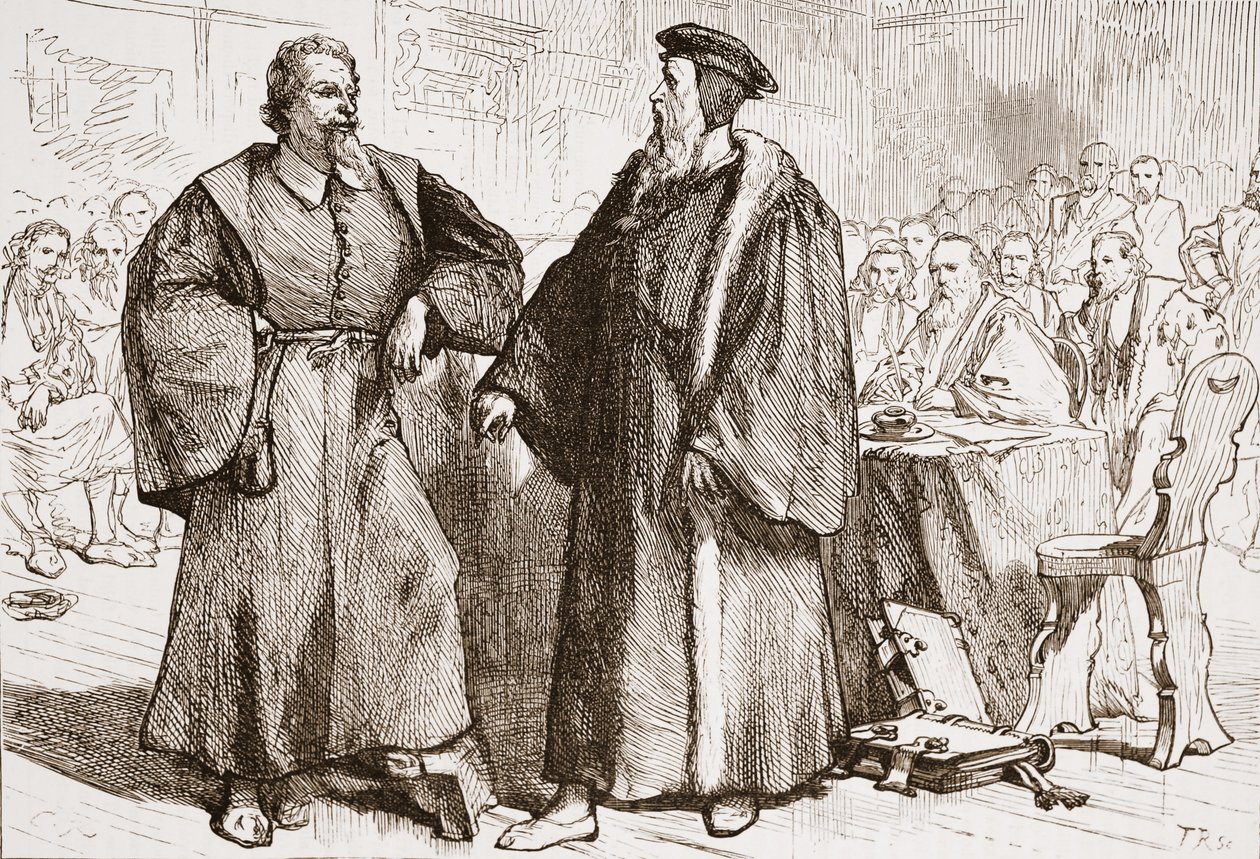 Calvin e Servet antes do Conselho de Genebra, ilustração da História do Protestantismo por James Aitken Wylie (1808-1890), pub. 1878 de English School