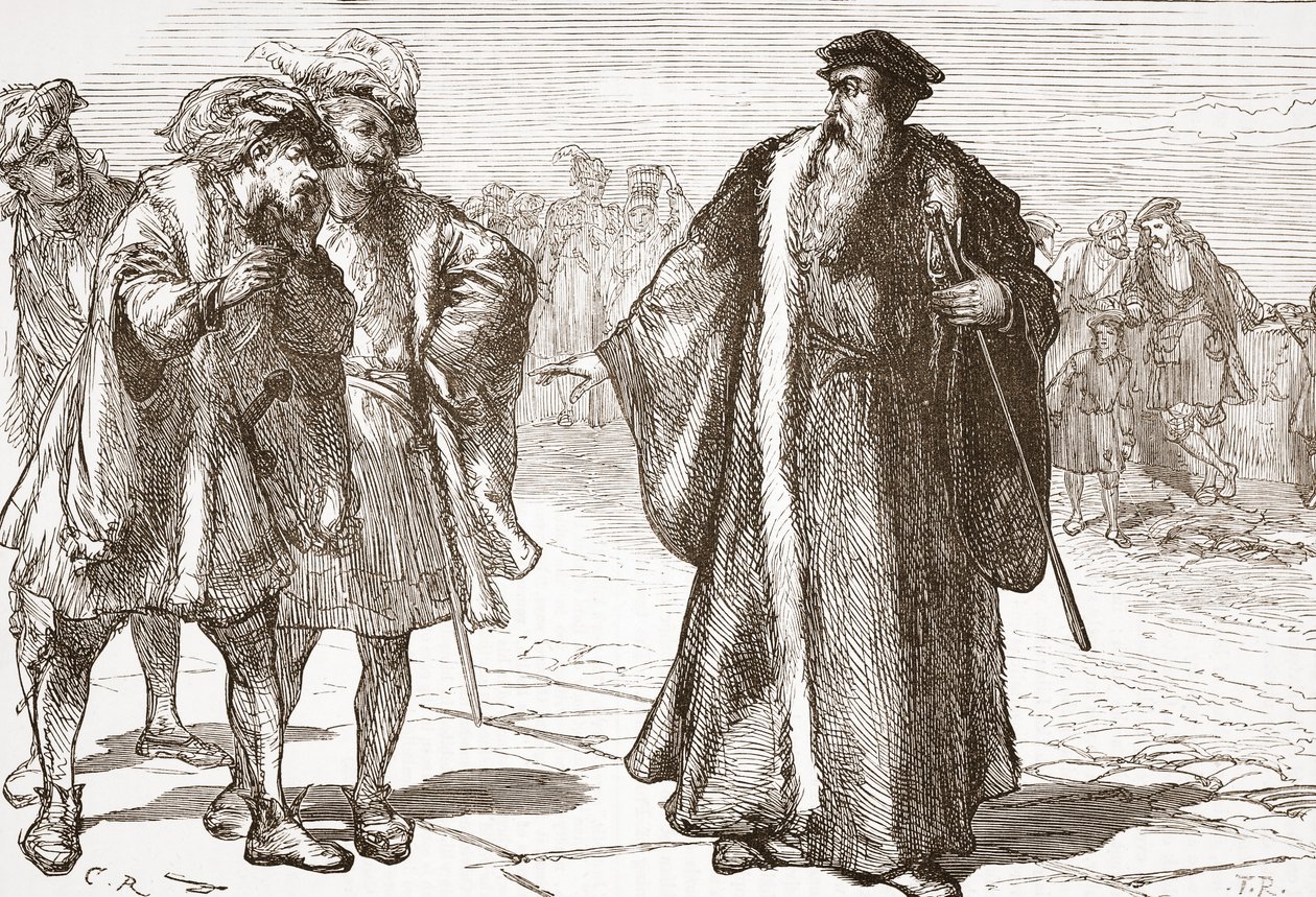 Calvino insultado pelos Libertinos na Ponte do Ródano, ilustração de A História do Protestantismo, de James Aitken Wylie (1808-1890), pub. 1878 de English School