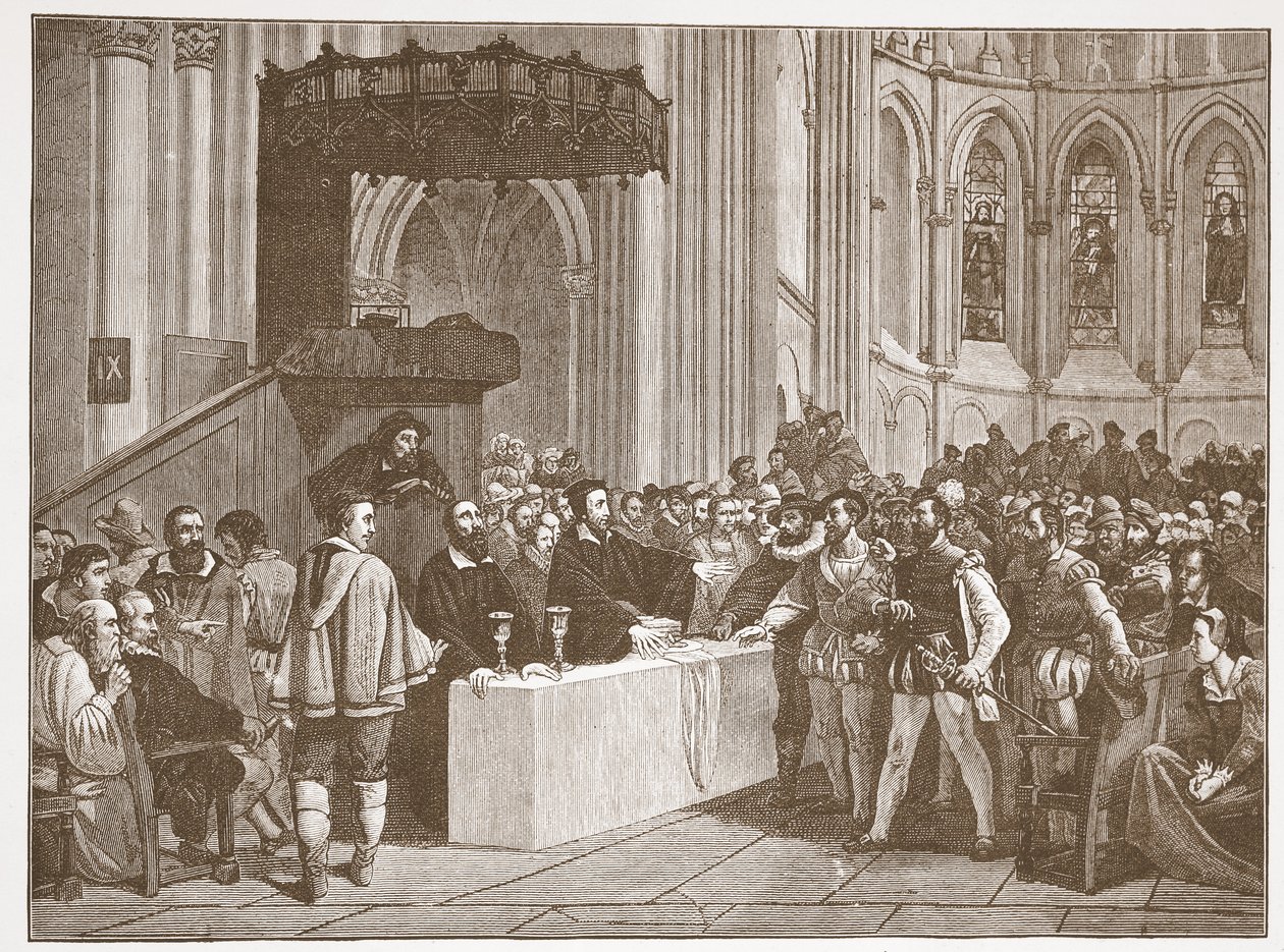 Calvino recusando a Santa Ceia aos Libertinos, na Catedral de São Pedro, Genebra, ilustração de A História do Protestantismo, de James Aitken Wylie (1808-1890), pub. 1878 de English School