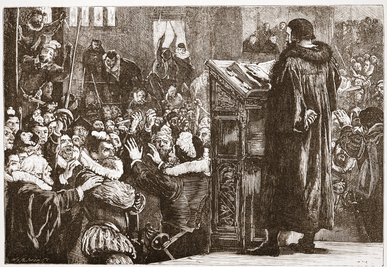 Calvino ameaçou na igreja de Rive, ilustração de A História do Protestantismo, de James Aitken Wylie (1808-1890), pub. 1878 de English School
