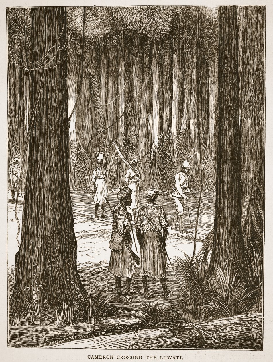 Cameron que cruza o Luwati, ilustração da edição fotográfica da vida e das descobertas de David Livingstone por J. Ewing Richie, bar. por A. Fullarton & Co., 1876 de English School