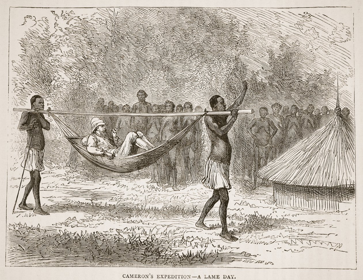 Expedição de Cameron - um dia coxo, ilustração da edição pictórica da vida e das descobertas de David Livingstone por J. Ewing Richie, bar. por A. Fullarton & Co., 1876 de English School