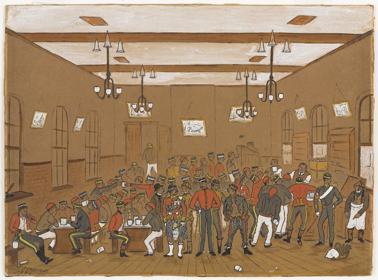 Cantina com homens da 7ª Guarda dos Dragões, 3º Hussardos, Escoceses Cinzas e 10º Hussardos, 1886 (wc no papel) de English School