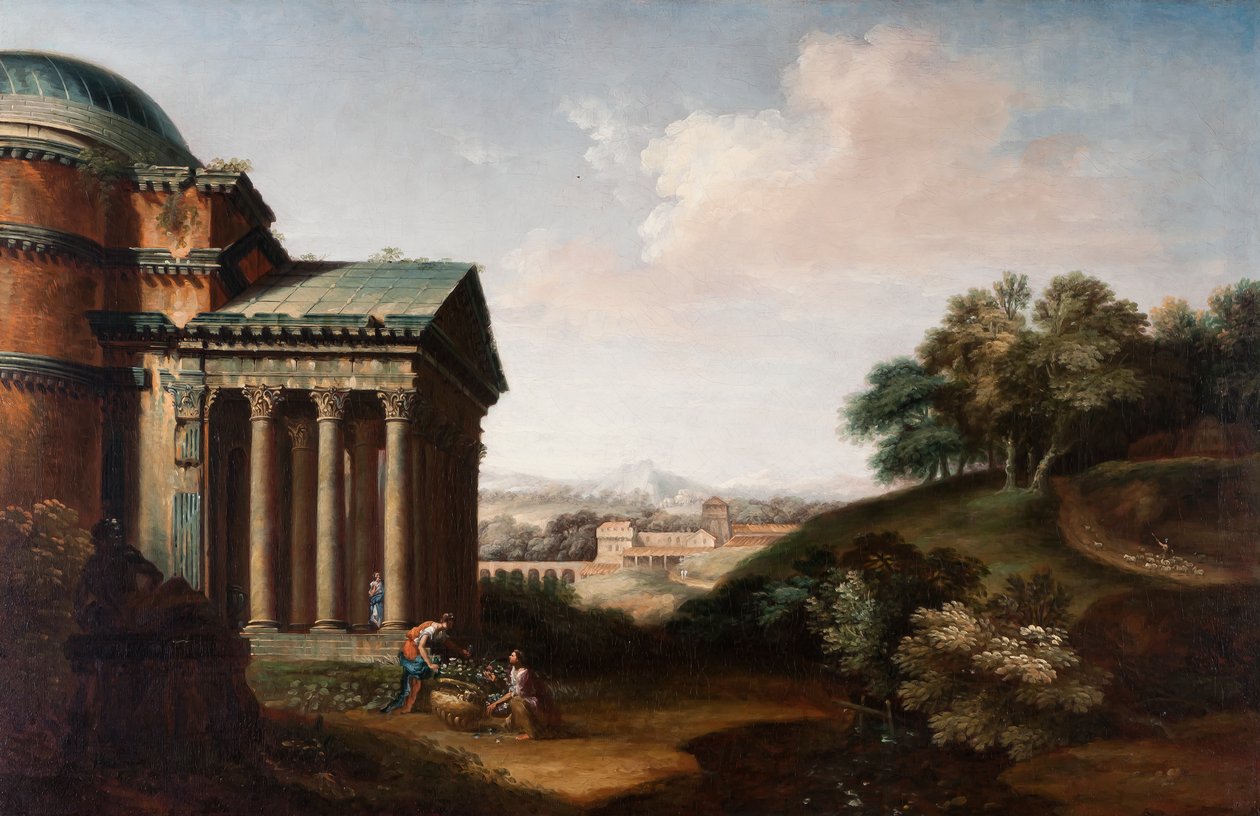Capricho vista do Panteão, figuras e um aqueduto, c.1760 de English School