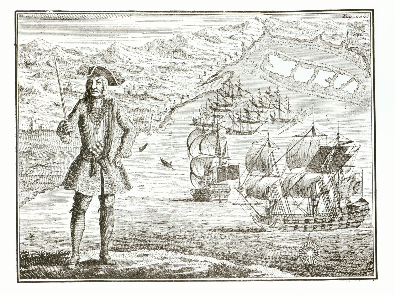 O Capitão Bartolomeu Roberts (1682-1722) com dois navios, a Royal Fortune e a Ranger partem em Whydah Road, na costa de Guiney, em 11 de janeiro de 172 , de A General History of the Robberies and Mu de English School