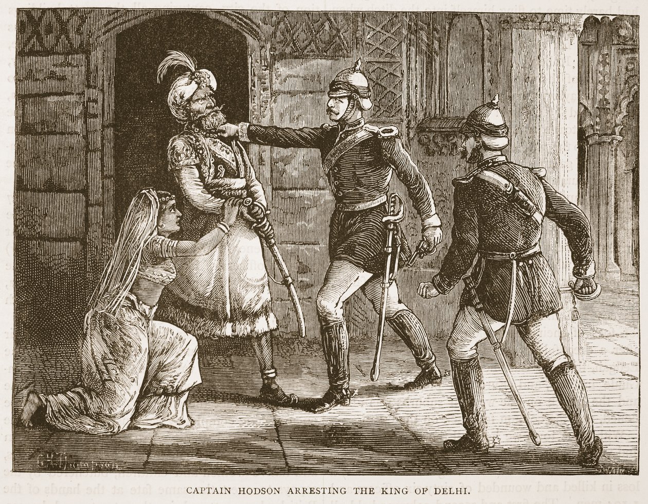 Capitão Hodson, prendendo o rei de Deli, ilustração da história ilustrada de Cassells da Inglaterra de English School