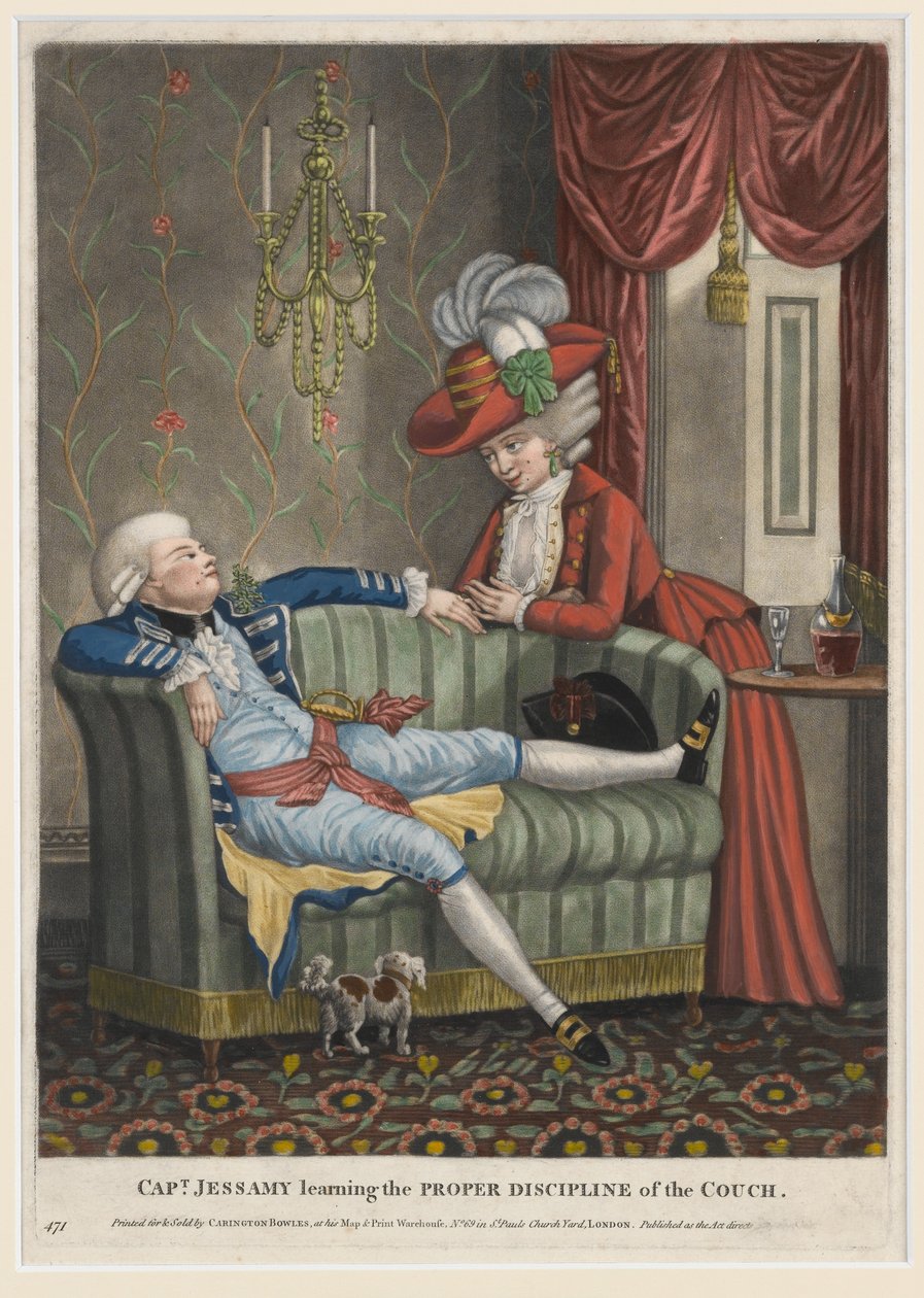 Capitão Jessamy aprendendo a Disciplina Adequada do Sofá, c.1782 (mezzotint colorido à mão) de English School