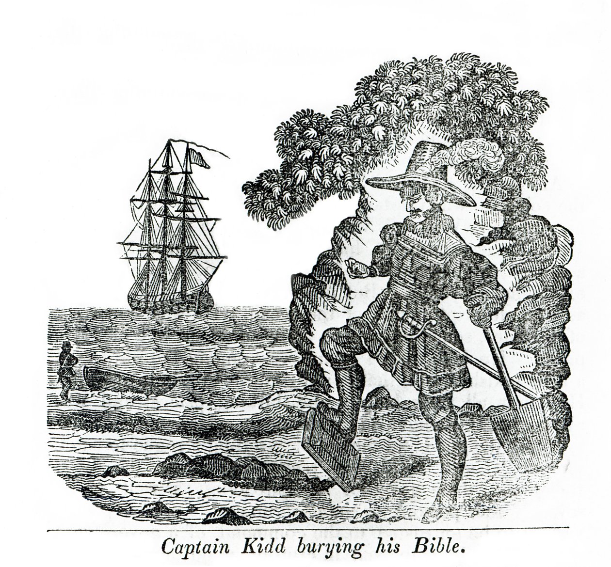 Capitão Kidd enterrando sua Bíblia, ilustração de &39;Pirates próprio livro&39; por Charles Elms de English School