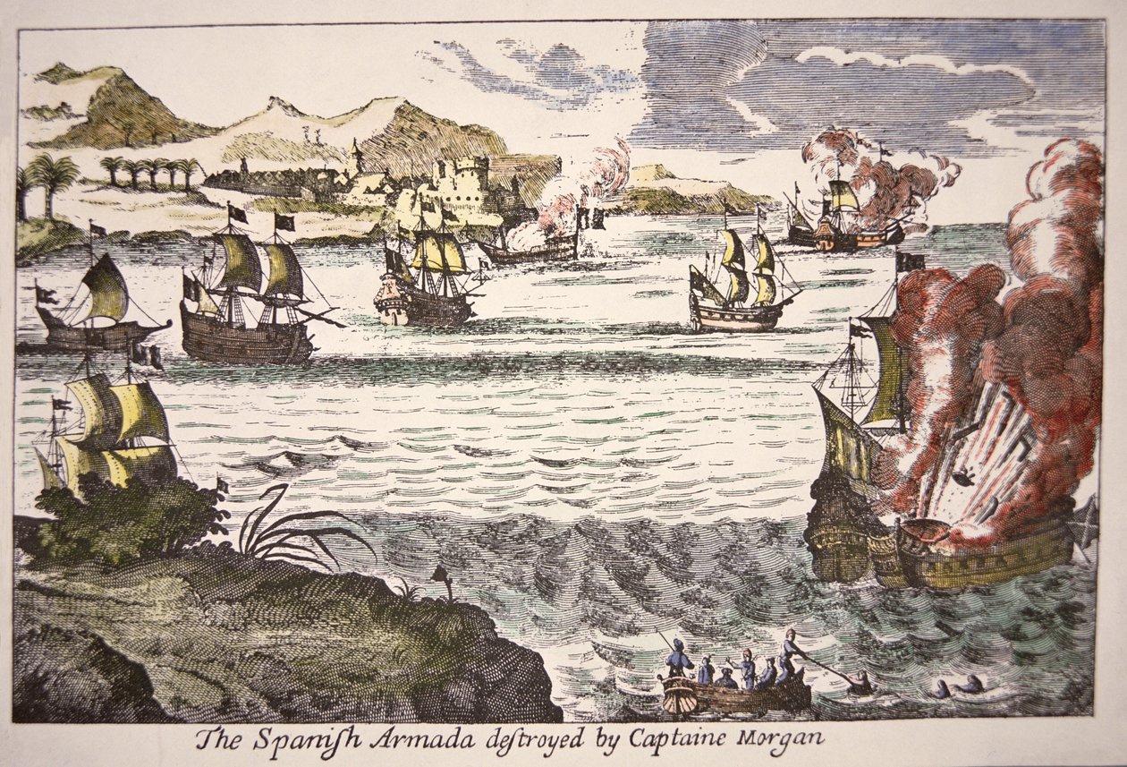 Capitão Morgan derrota navios de guerra espanhóis bloqueando a foz do Lago Maracaibo em 1669 (gravura colorida) de English School
