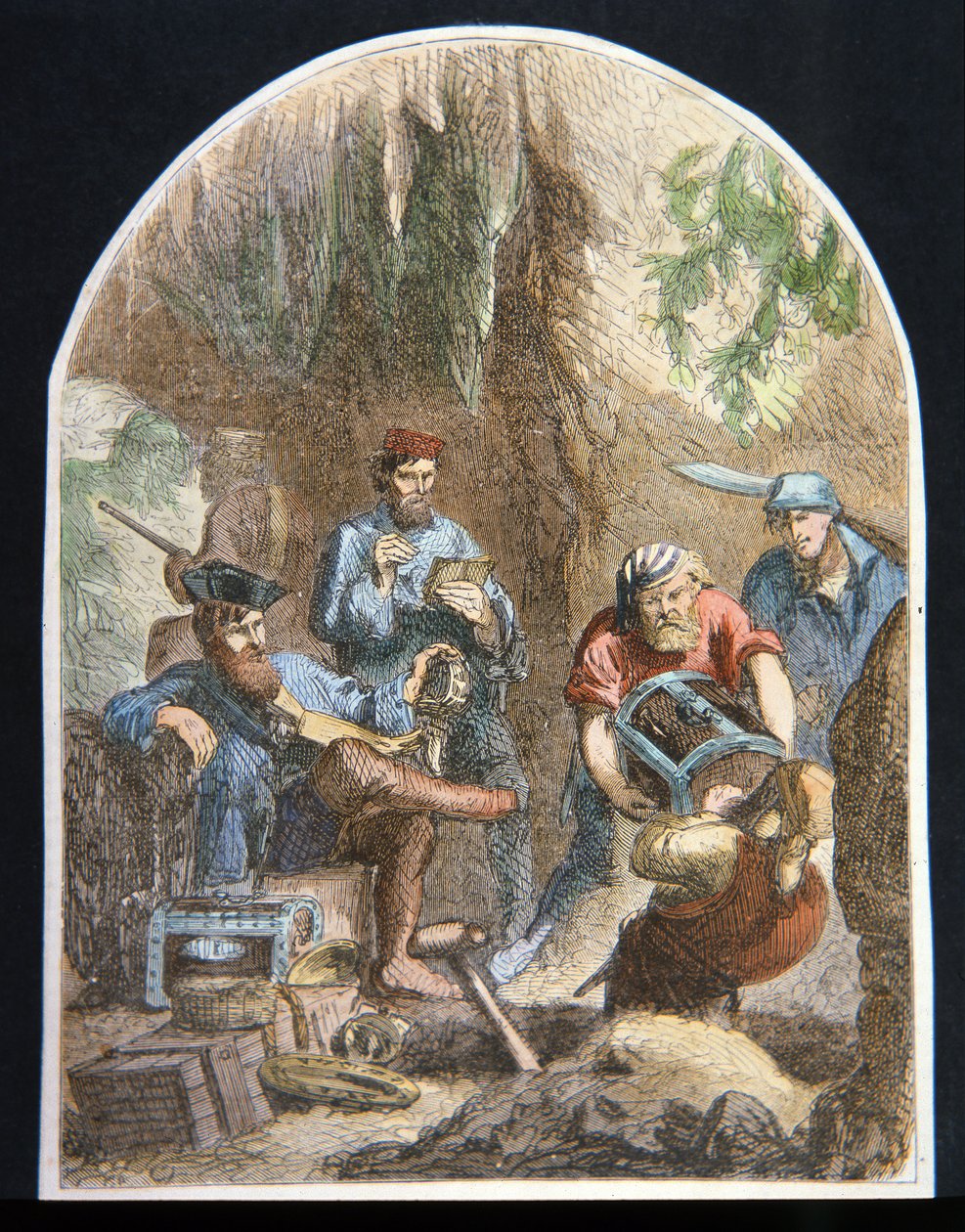 Capitão William Kidd escondendo tesouro em uma caverna (cor litho) de English School