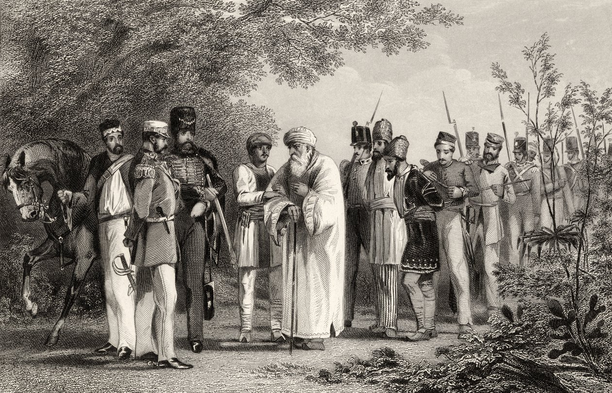 Captura do Rei de Délhi pelo Capitão Hodson, de "A História do Motim Indiano", publicada em 1858 de English School