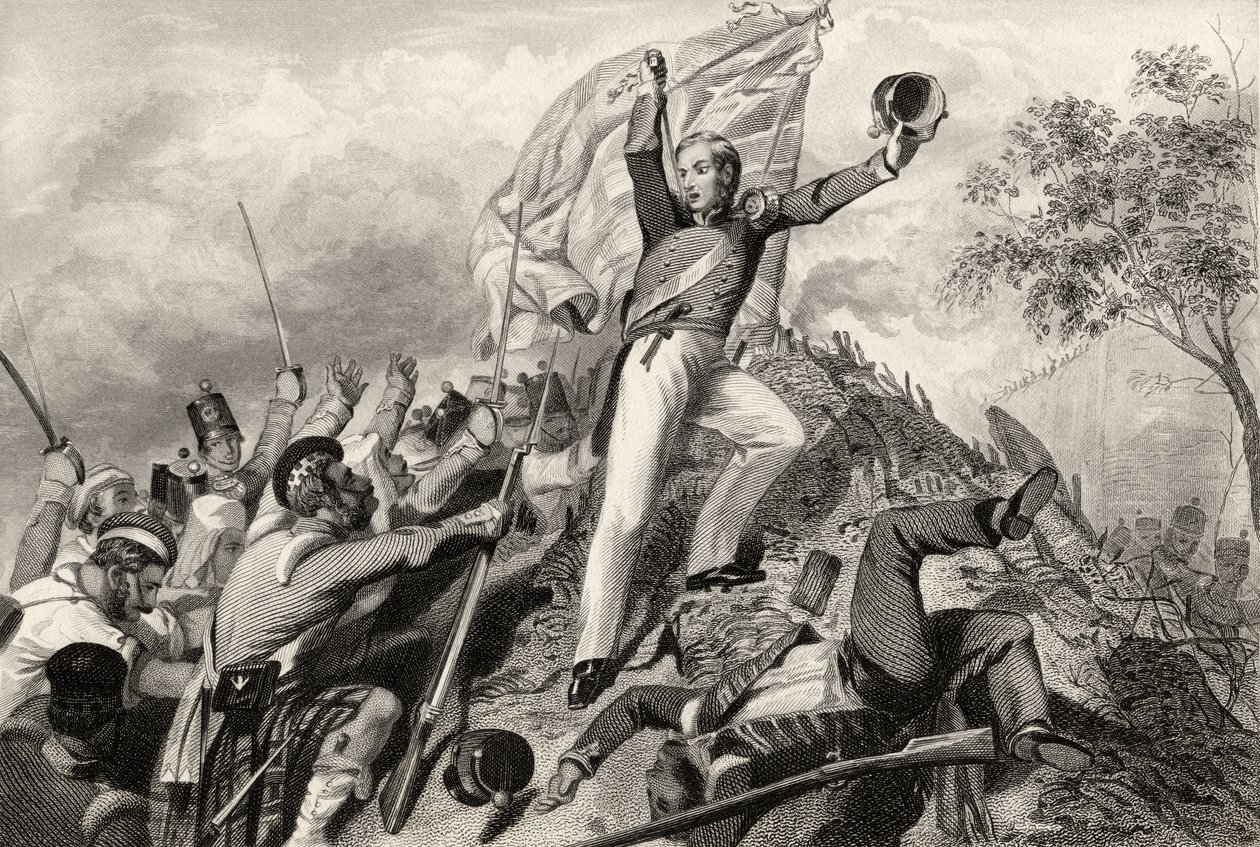 Captura das armas pelos Highlanders antes de Cawnpore em 1857, de "A História do Motim Indiano", publicado em 1858 de English School