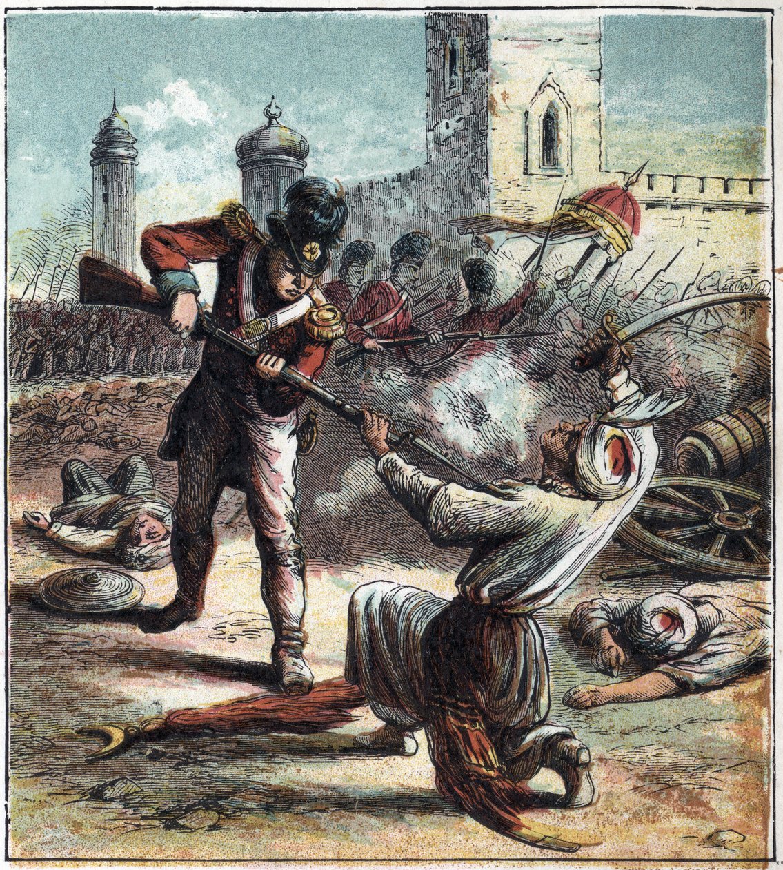 Captura da cidade de Seringapatam (ou Srirangapatna), capital de Mysore (Maissour) na Índia, pelo exército britânico comandado pelo Duque Arthur Wellesley de Wellington (1769-1852) em 1799. Este evento marcou o fim da guerra anglo-missior e o domínio da de English School