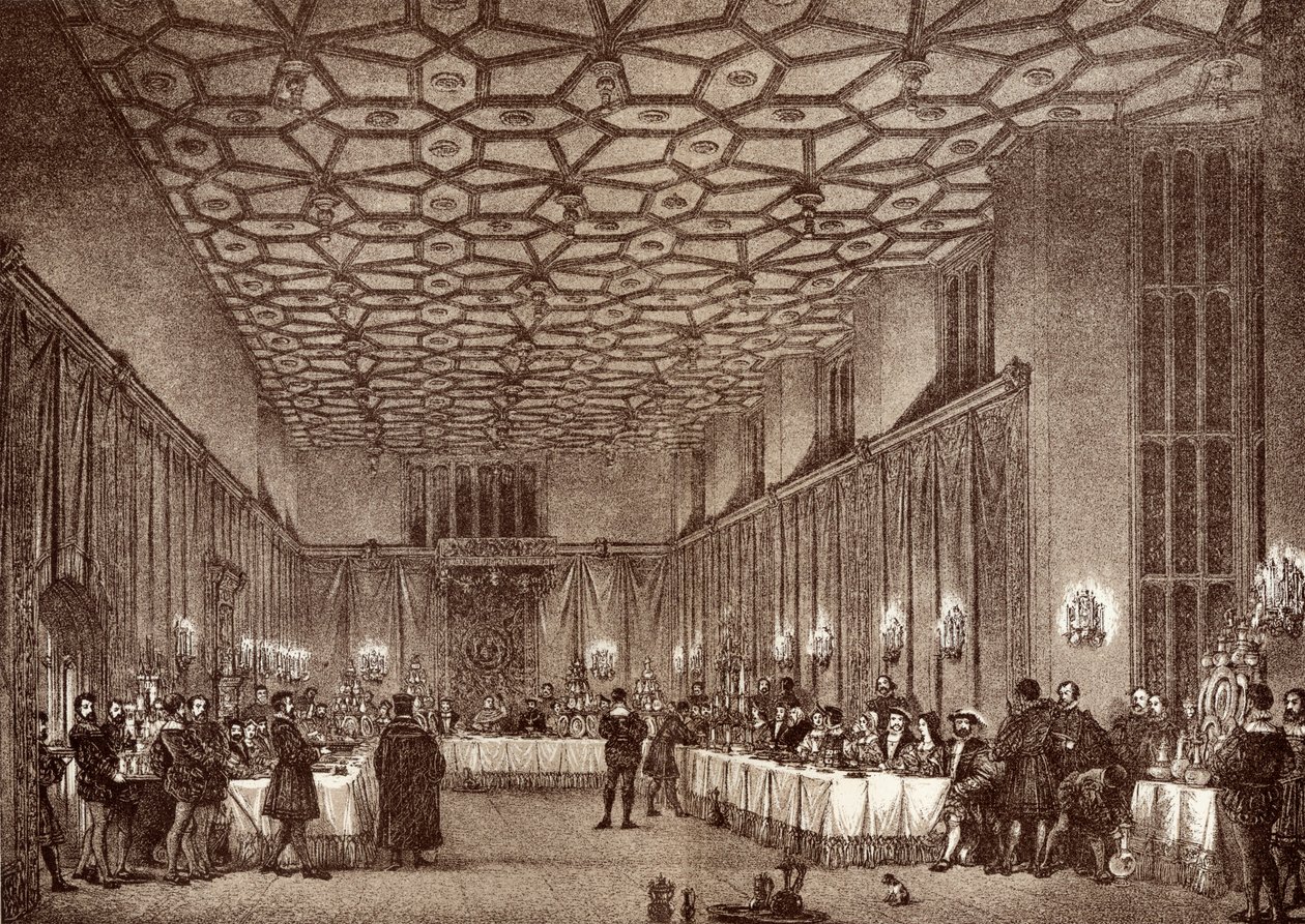 O cardeal Wolsey entretendo os embaixadores franceses no Palácio de Hampton Court, de "História do Palácio de Hampton Court em Tudor Times", de Ernest Law, publicado em Londres em 1885 de English School