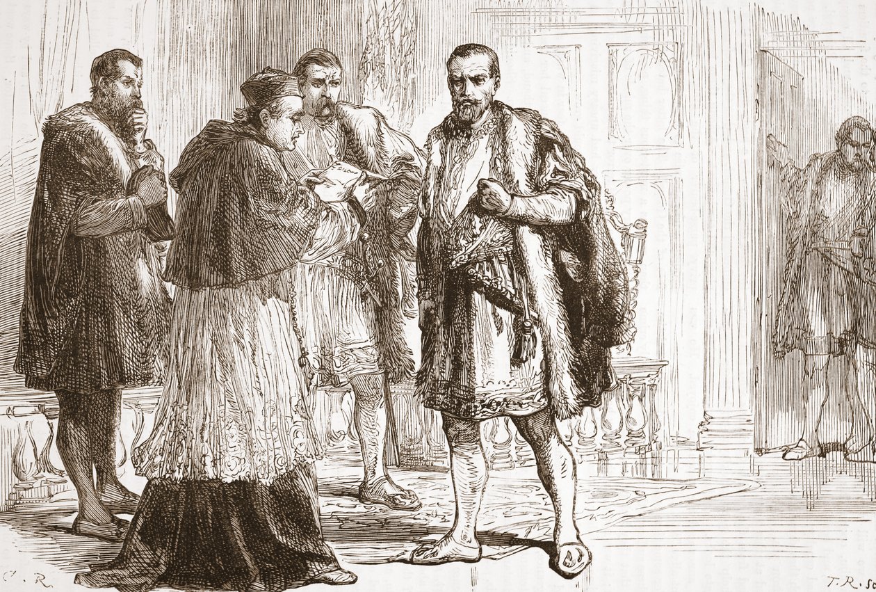 Cardeal de Tournon que lê o cartaz protestante a Francis mim, ilustração da história do protestantismo por James Aitken Wylie (1808-1890), bar. 1878 de English School