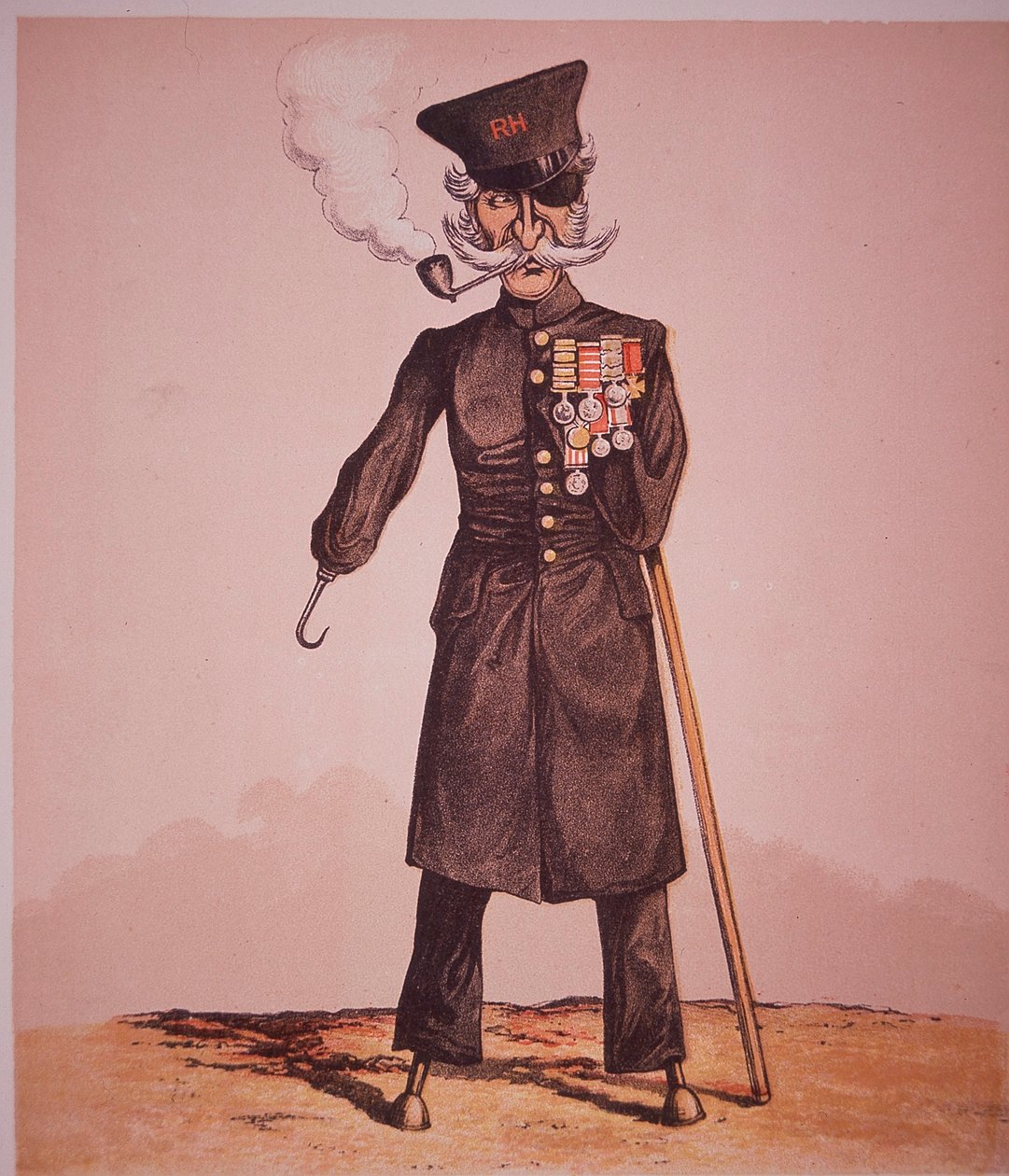 Caricatura de Chelsea Pensioner do Hospital Real, de "Army and Navy Drolleries" do Major Seccombe (gravura colorida) de English School