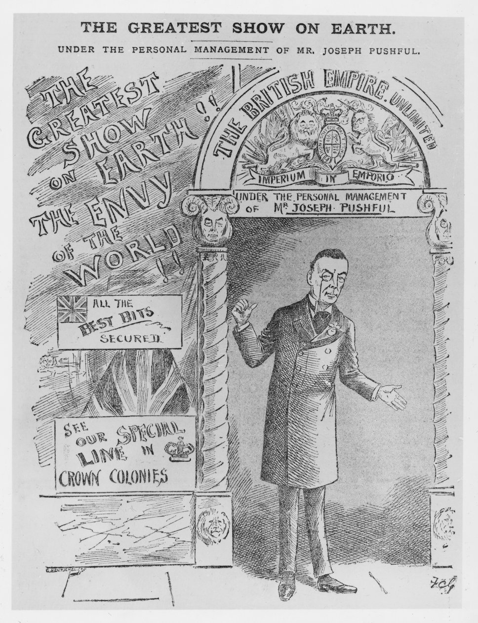 Caricatura de Joseph Chamberlain como Secretário Colonial, c.1900 de English School