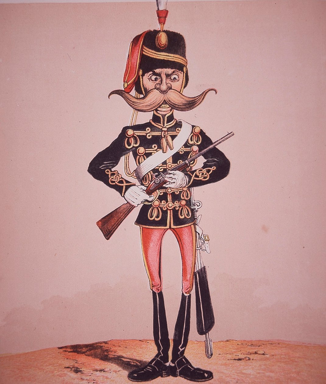 Caricatura de sentinela do 11º Hussardos, de "Army and Navy Drolleries" do Major Seccombe (gravura colorida) de English School