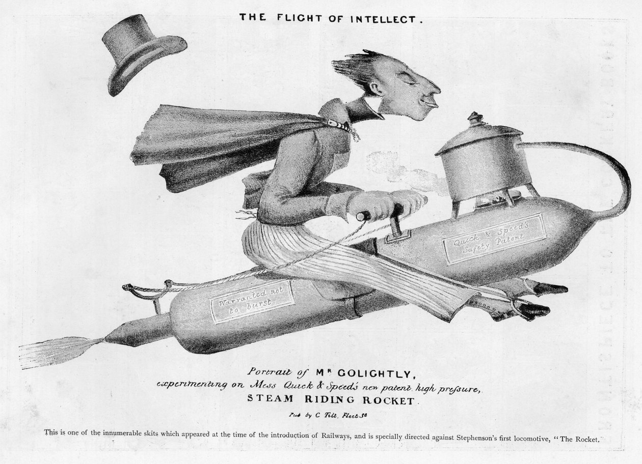 Caricatura ridicularizando a introdução de ferrovias, especialmente Stephensons Rocket de English School