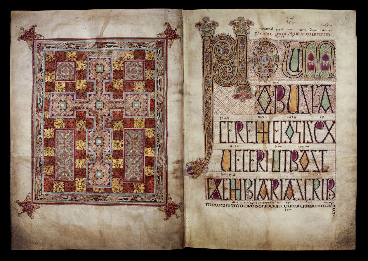 Página de tapete e página de incipit que introduz a carta de S. Jerónimo ao Papa Dâmaso, Algodão Nero D. IV, f.2v e f.3r dos Evangelhos de Lindisfarne, 710-721 (velino) de English School