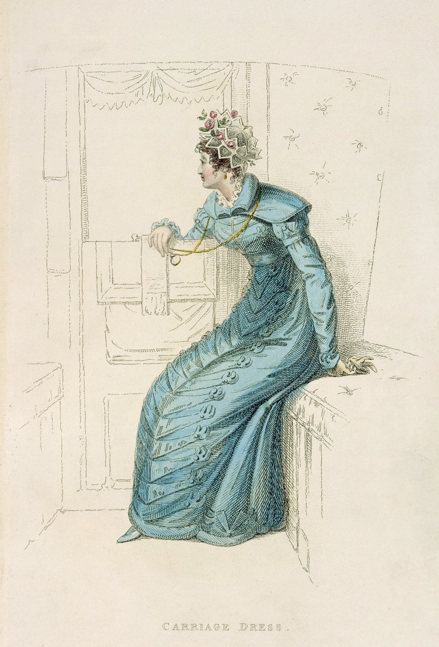 Vestido de carruagem, placa de moda de Ackermanns Repository of Arts de English School