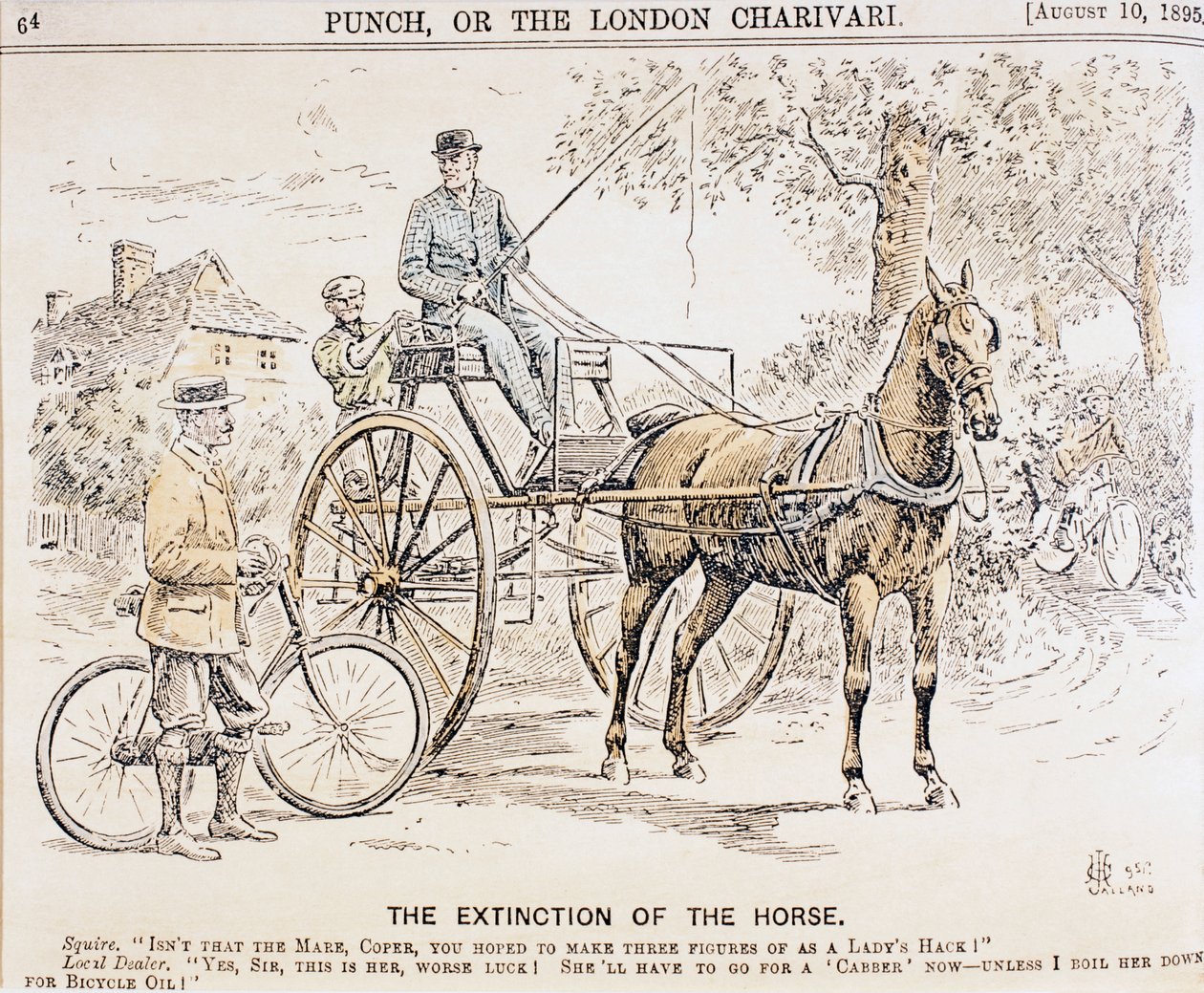 Caricatura sobre a chegada de bicicletas e transporte motorizado e o conseqüente final do tráfico puxado por cavalos, da revista Punch, 10 de agosto de 1895 de English School