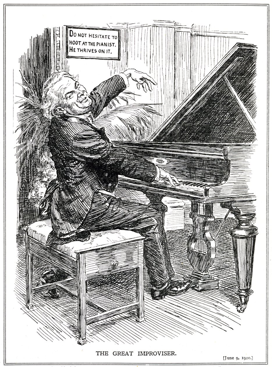 Cartoon satirizando LLoyd George como o Grande Improvisador ou líder dos Improvisa-Tories, junho de 1920 de English School