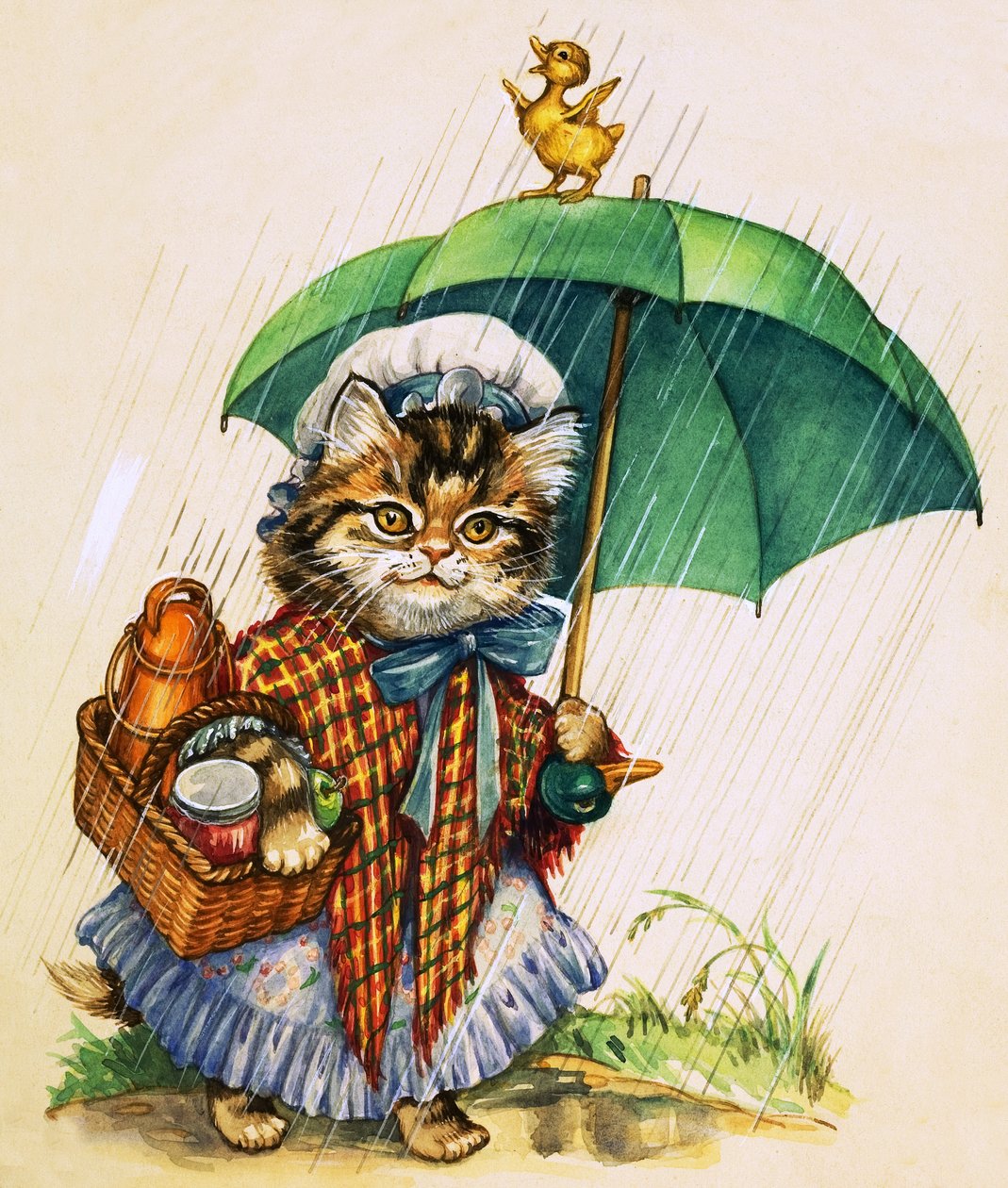 Gato com guarda-chuva (guache sobre papel) de English School