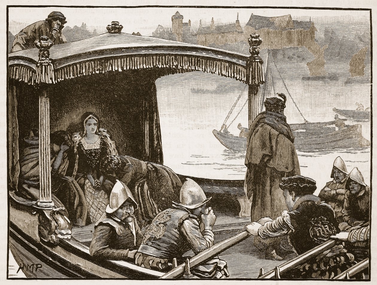 Catherine Howard sendo transportada para a torre, ilustração da história ilustrada de Cassells da Inglaterra (foto sépia) de English School