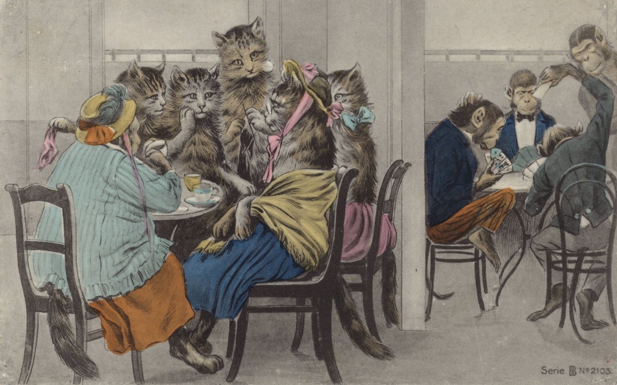 Gatos a beber chá e macacos a jogar às cartas (litografia a cores) de English School