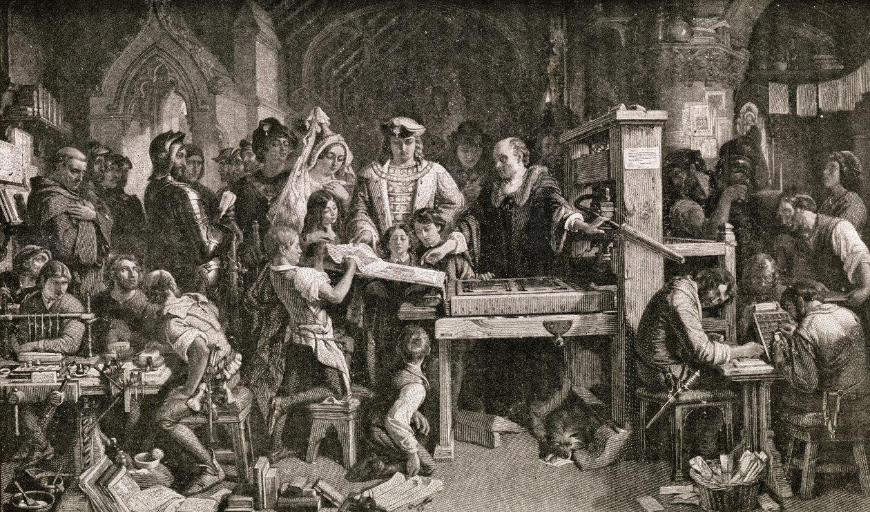 Caxton (c.1422-91) mostrando espécimes de sua impressão ao rei Edward IV no Almonry em Westminster, 1858 de English School