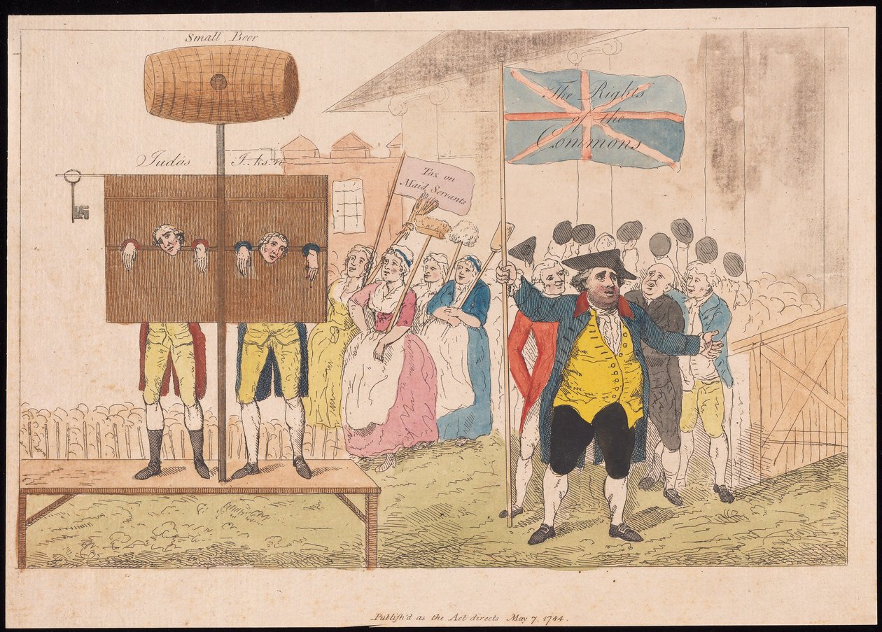 Cecil Wray no Pelourinho Os Direitos dos Comuns, pub. 1784 (gravura colorida à mão) de English School