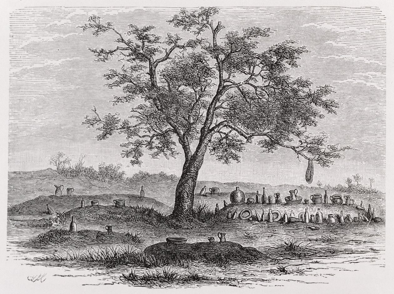Cemitério e árvore sagrada em Mbinda, de "A História da Humanidade", Vol.1, do Prof, Friedrich Ratzel, 1896 de English School