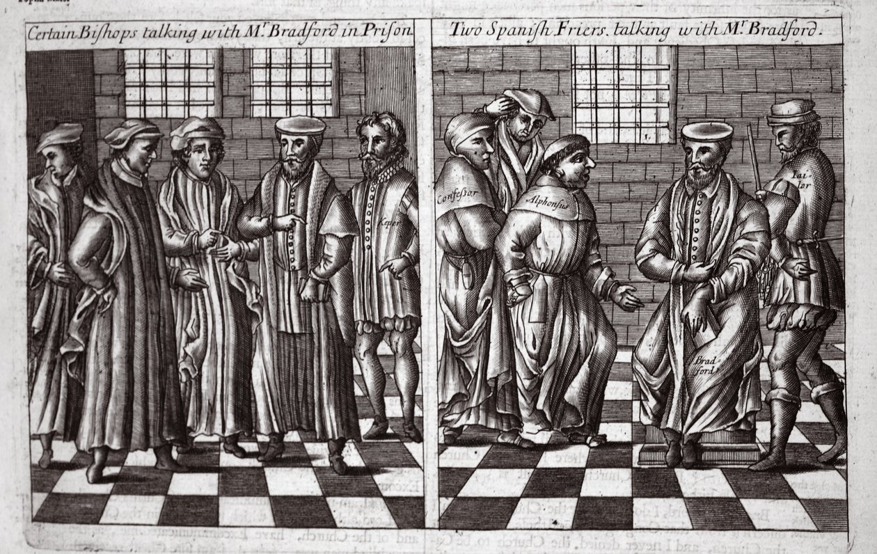 Certos bispos conversando com o Sr. Bradford na prisão, e dois frades espanhóis conversando com o Sr. Bradford, ilustração de Atos e Monumentos de John Foxe, nona edição, pub. 1684 de English School