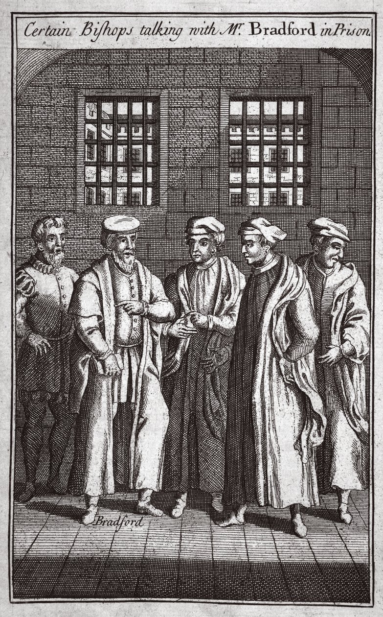 Certos Bispos conversando com o Sr. Bradford na prisão, ilustração de Foxes Martyrs c.1703 de English School