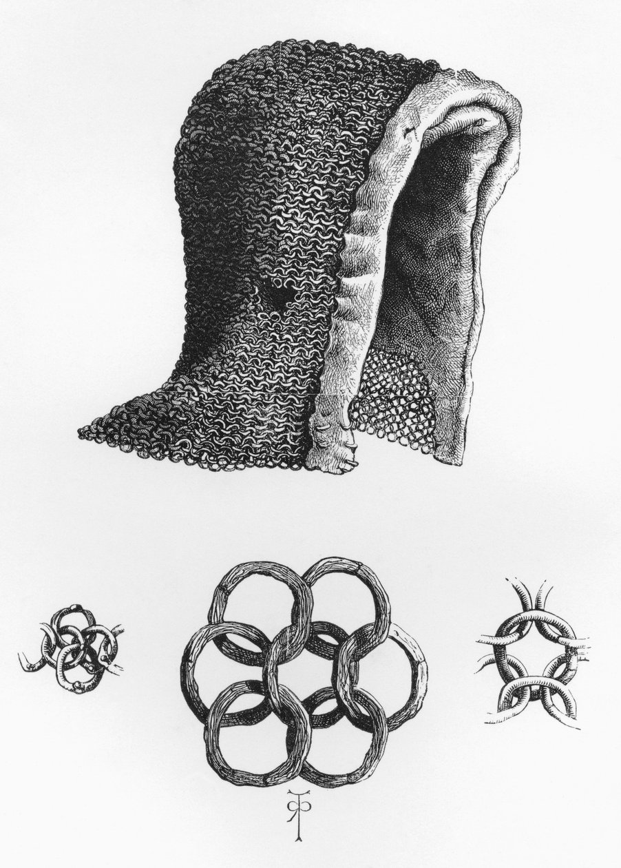 Cobertura de correio em cadeia e exemplo de correio em cadeia interbloqueado, c. 1120 d.C., do Exército Britânico: As suas Origens, Progresso e Equipamento, publicado em 1868. de English School