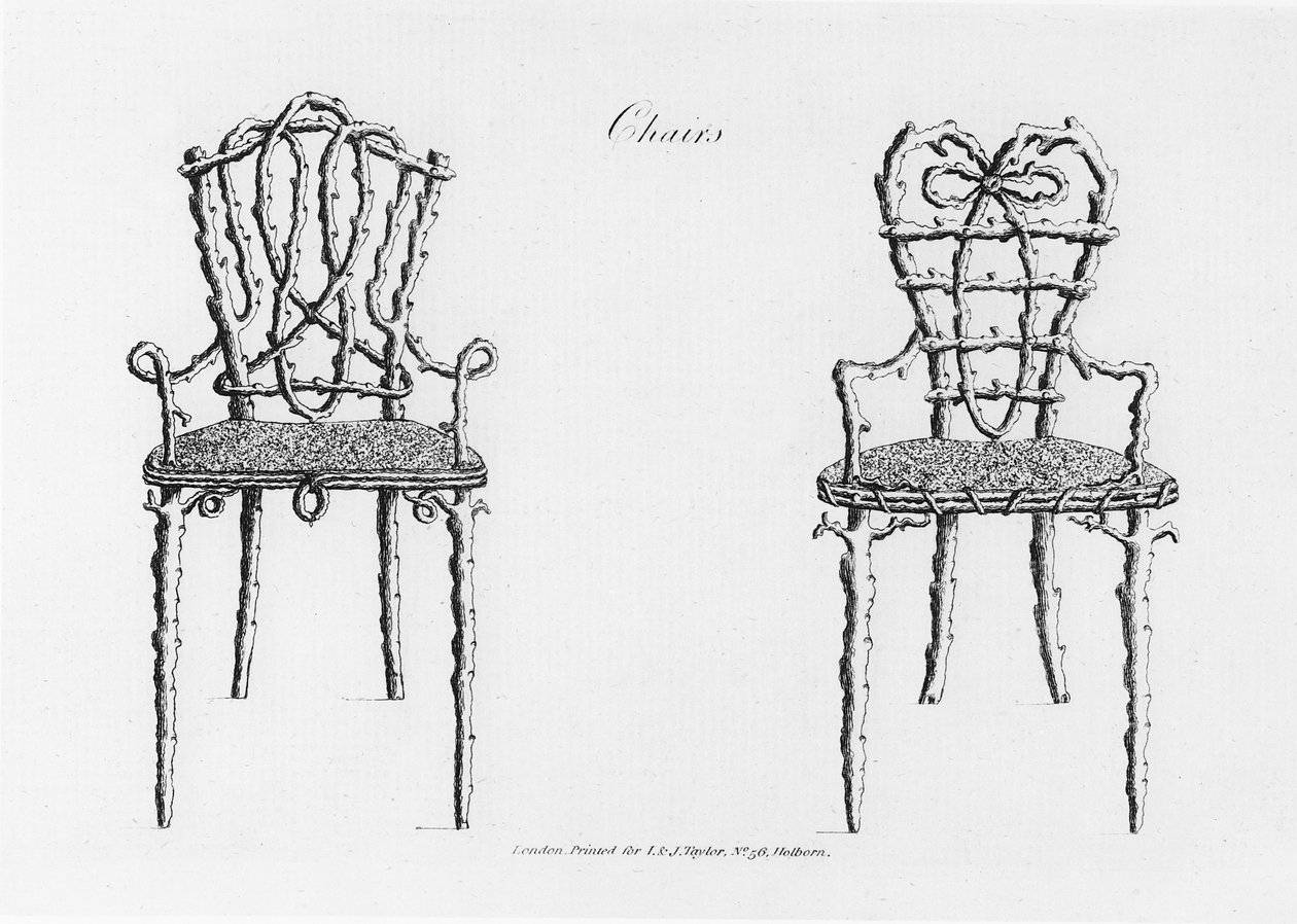 Cadeiras, de Grotesque Architecture, ou Rural Amusement, de William Wrighte, publicado em 1768 de English School