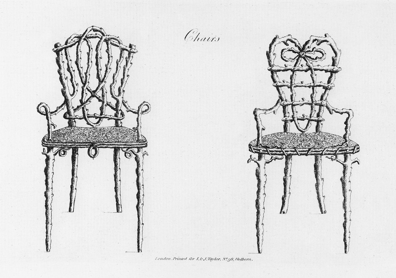 Cadeiras, de Grotesque Architecture, ou Rural Amusement, de William Wrighte, publicado em 1768 de English School