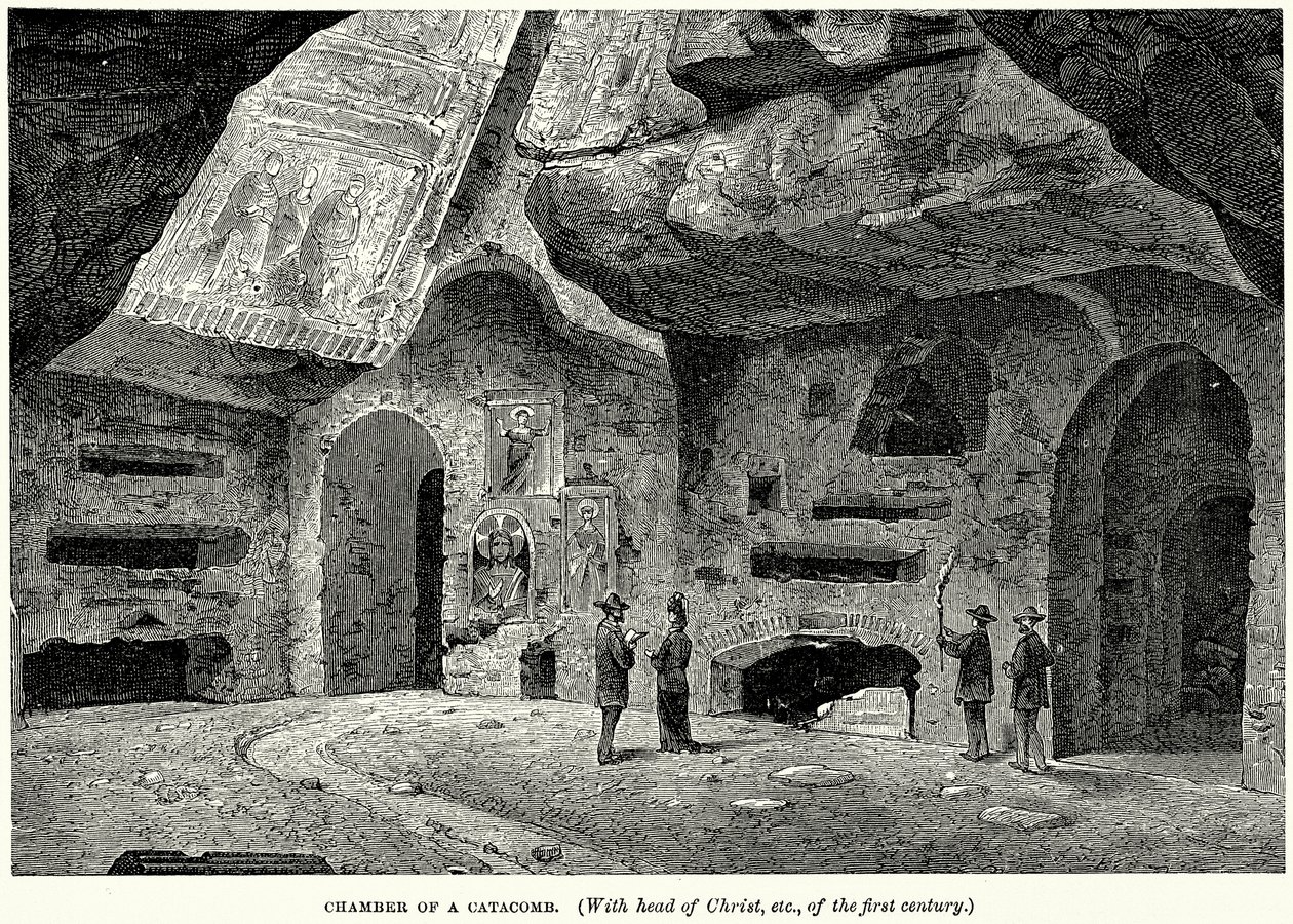 Câmara de uma catacumba (com cabeça de Cristo, etc., do século I) (gravura) de English School