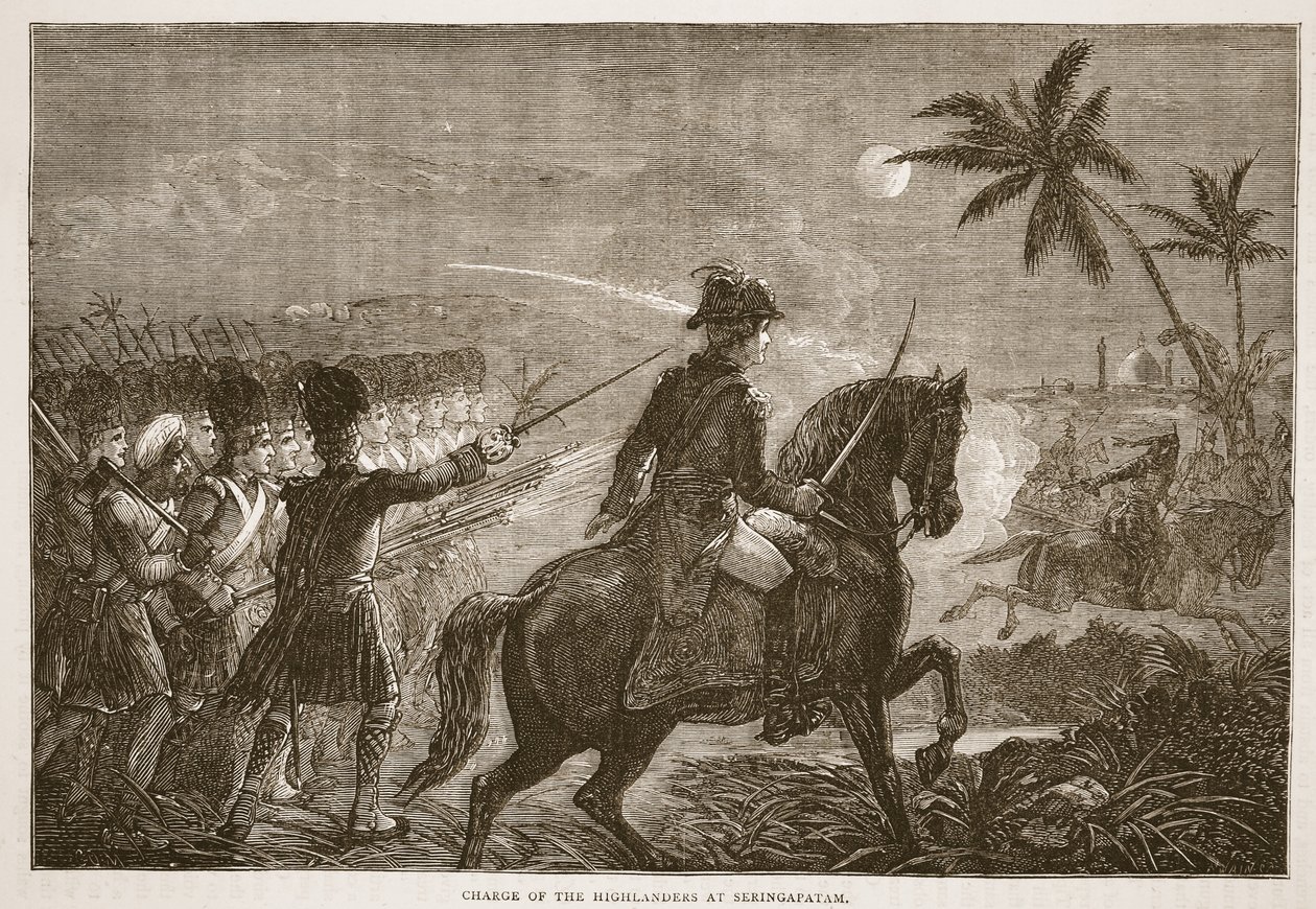 Carga dos escoceses em Seringapatam, ilustração da história ilustrada de Cassells da Índia por James Grant, bar. 1879 de English School