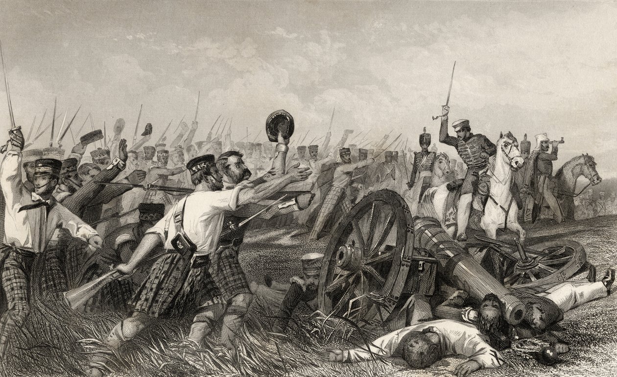 Carga dos Highlanders antes de Cawnpore sob General Havelock, de "A História do Motim Indiano", publicado em 1858 de English School