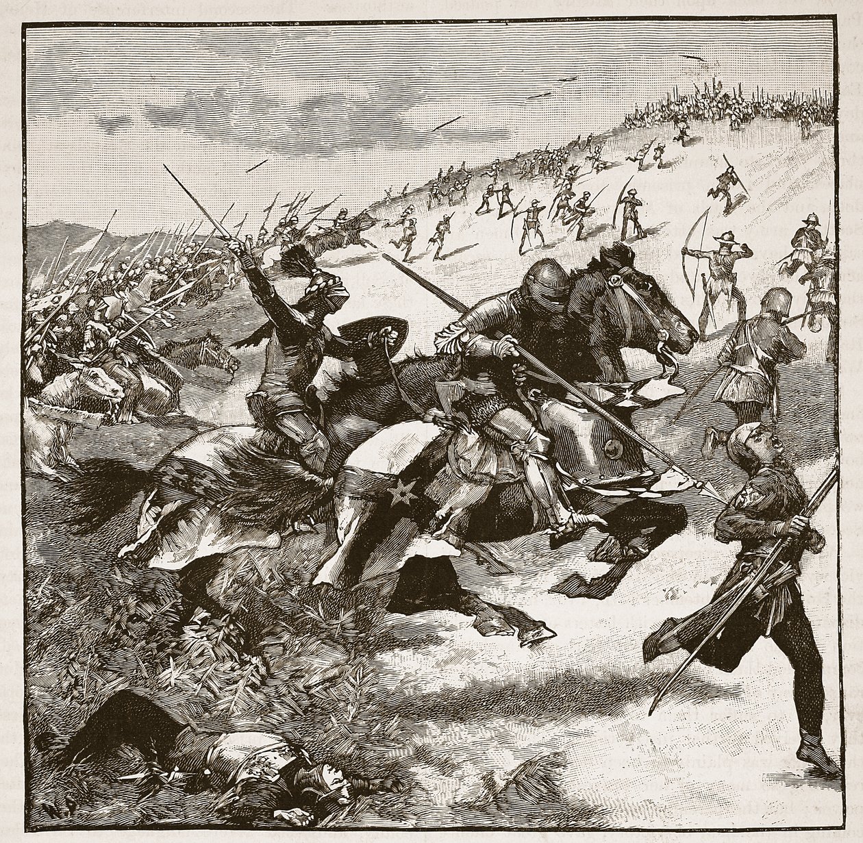Carga dos escoceses no monte de Homildon, ilustração da história ilustrada de Cassells de Inglaterra (foto do sepia) de English School