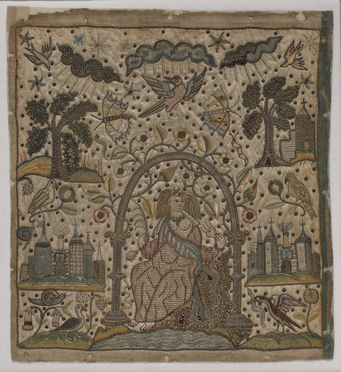 Caridade sob um arco, c.1640 (seda, fios de metal e lantejoulas em cetim) de English School