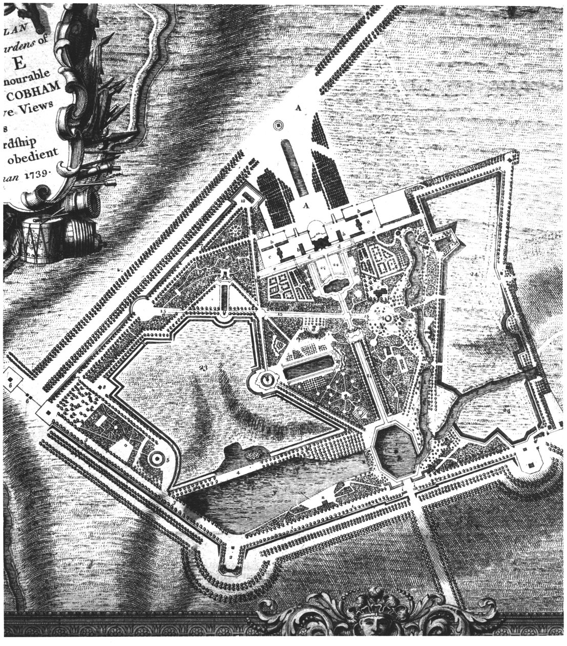 Plano de Charles Bridgemans (fl.1713-38) para Stowe Gardens, de um livro sobre vistas de Stowe publicado pela sra. Charles Bridgeman em 1739 (ver 140583 para o plano de William Kents depois) de English School