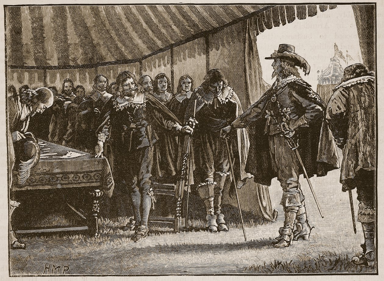 Charles e os comissários escoceses, ilustração da história ilustrada de Cassells da Inglaterra (foto sépia) de English School